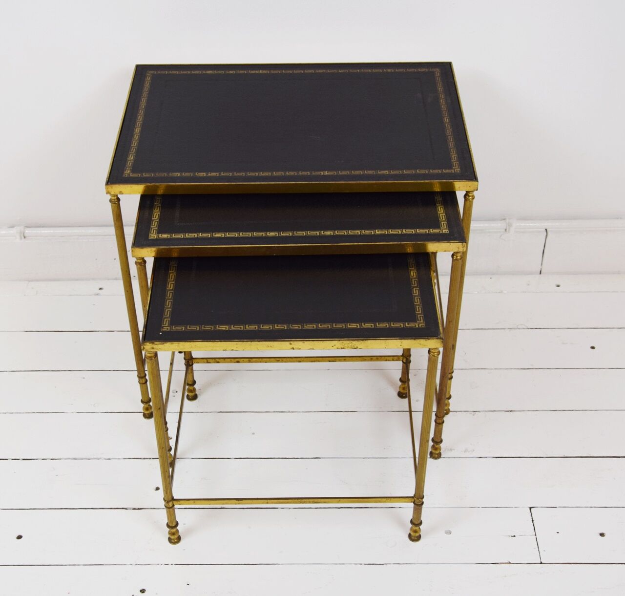 Brass and skaï side tables, 1950s