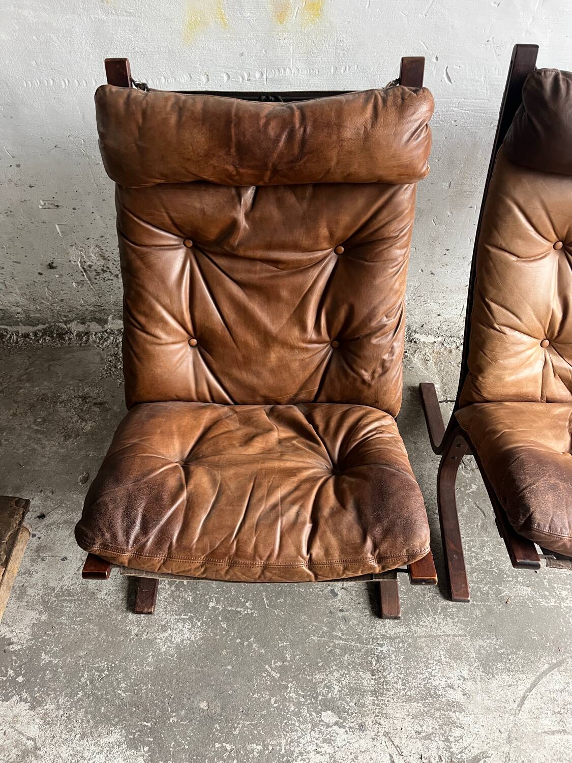 Siesta armchair by Ingmar Relling with ottoman — bentwood dark brown frame, cognac leather
