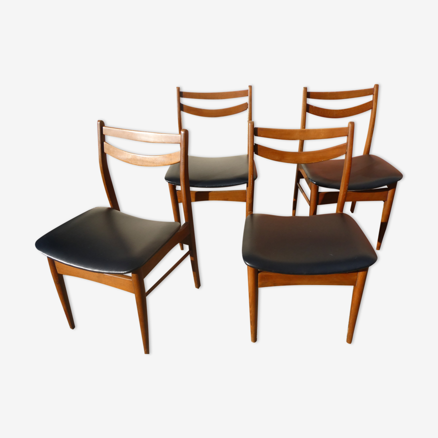 Lot de 4 chaises scandinaves en teck et skaï noir | Selency