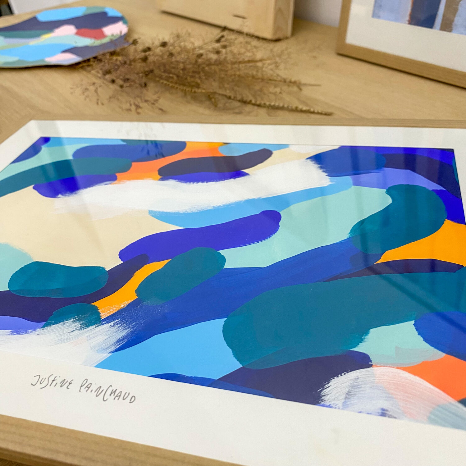 Original painting under glass "At dawn near the river"