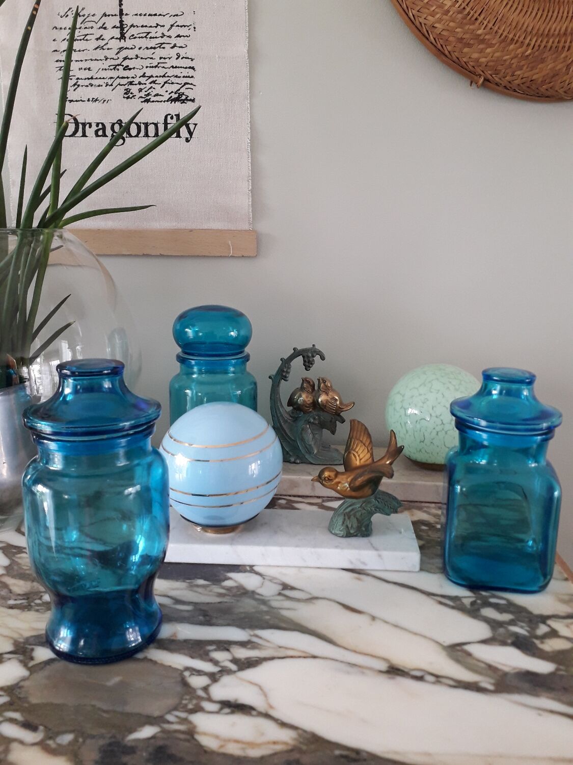 Set of blue glass jars