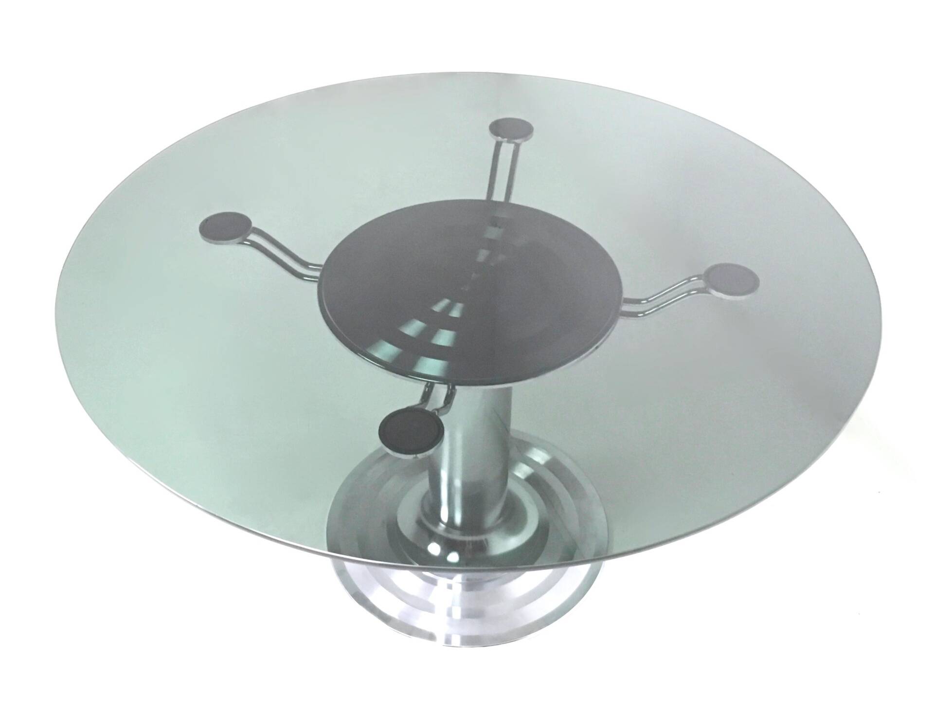 Chromed Metal Dining Table with a Round Tempered Glass Top, Italy