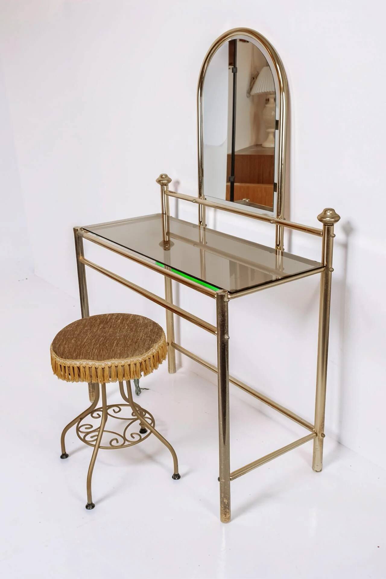Coiffeuse vanity vintage en laiton avec tabouret
