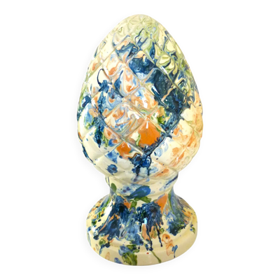 Pomme de pin, céramique, terre cuite émaillée, couleurs mêlées, vives,32cm