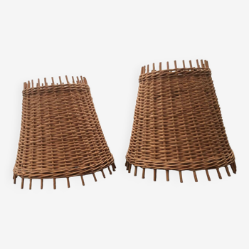 Pair of woven rattan lampshades - vintage wicker