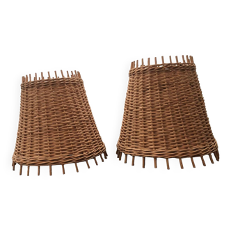 Pair of woven rattan lampshades - vintage wicker