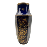 Octagonal vase in Limoges porcelain, oven blue and gold decoration, 20th century