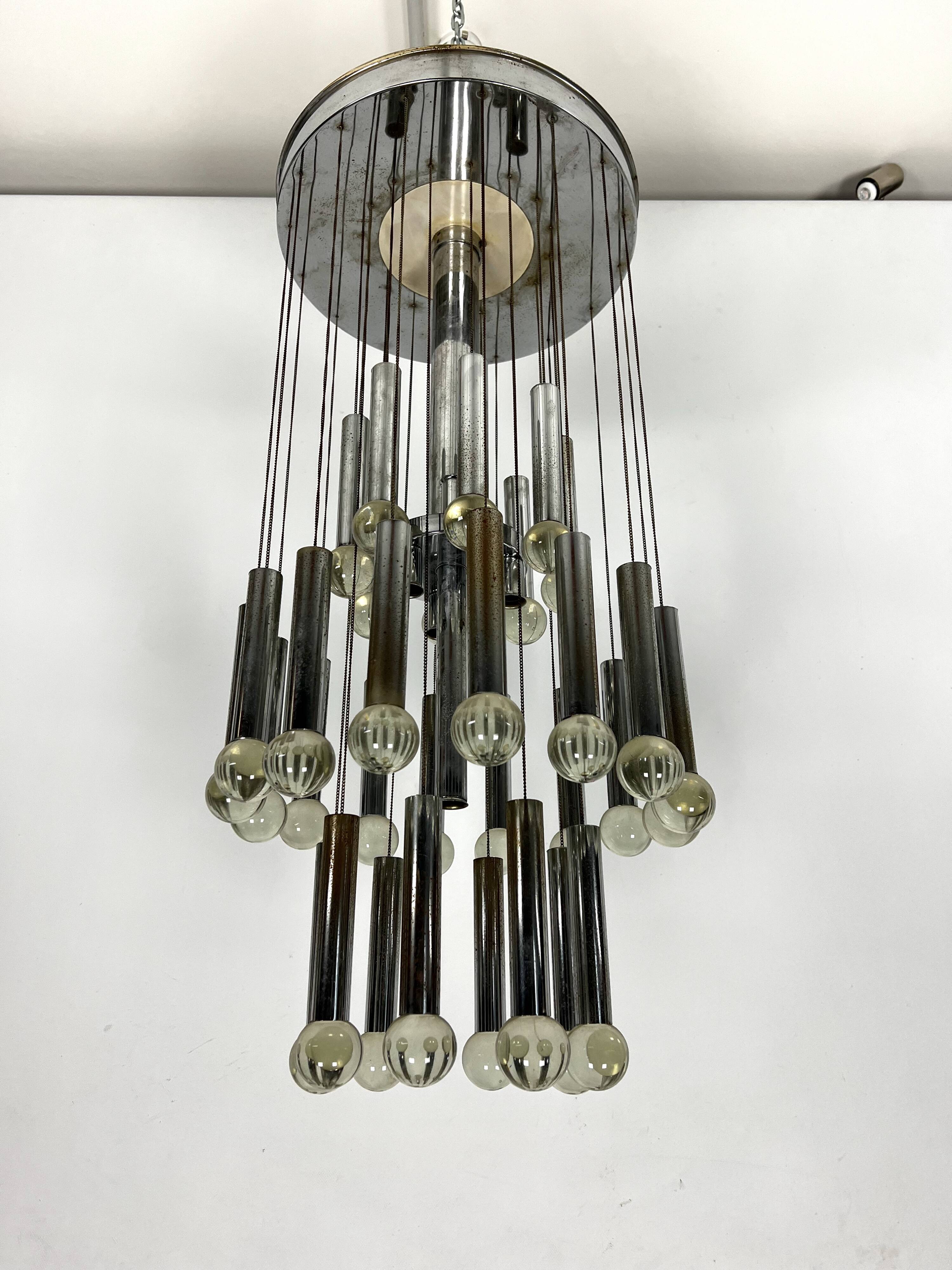 Mid- Century glass and chrome chandelier by Sciolari. Italy 1960s