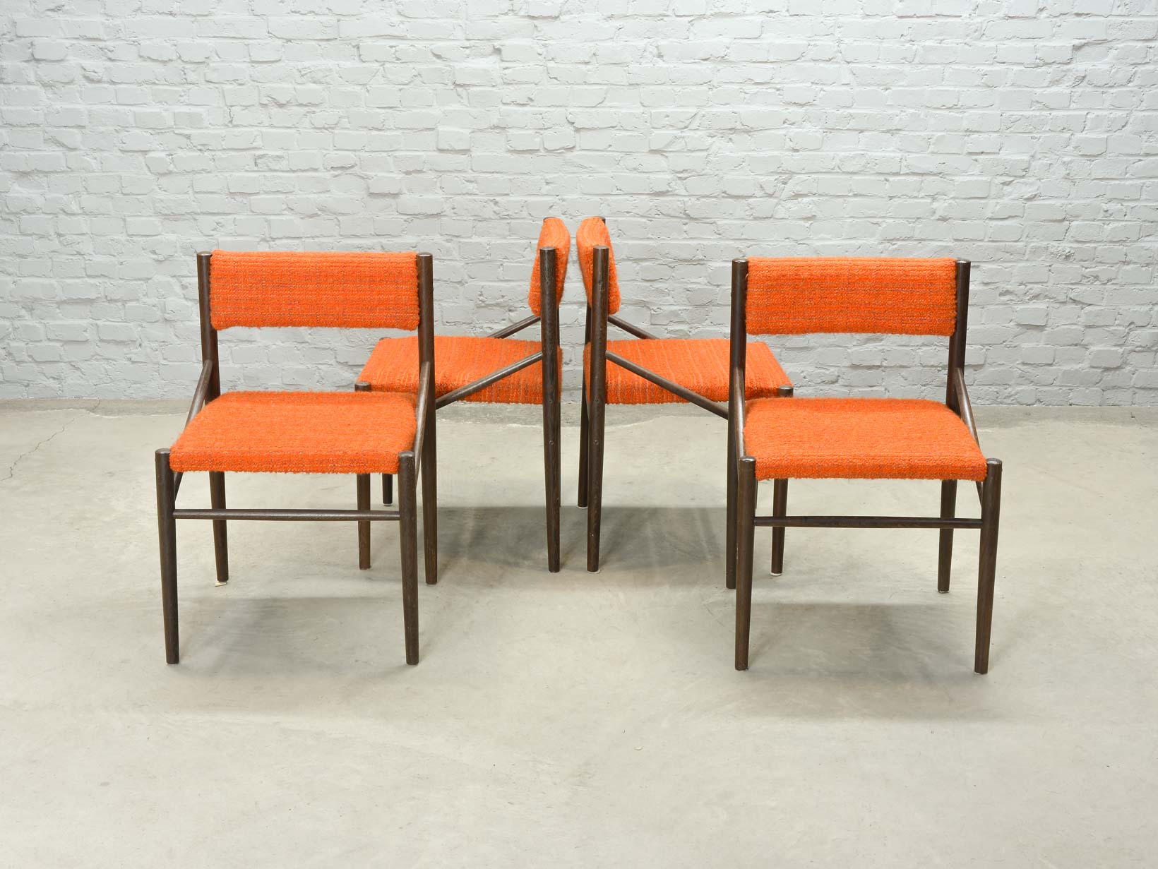 4 Wengé Wooden Dining Chairs with Orange Bouclé Fabric Upholstery 1960s