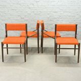 4 Wengé Wooden Dining Chairs with Orange Bouclé Fabric Upholstery 1960s