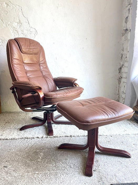Scandinavian brown leather recliner lounge chair with ottoman, circa 1990