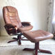 Scandinavian brown leather recliner lounge chair with ottoman, circa 1990