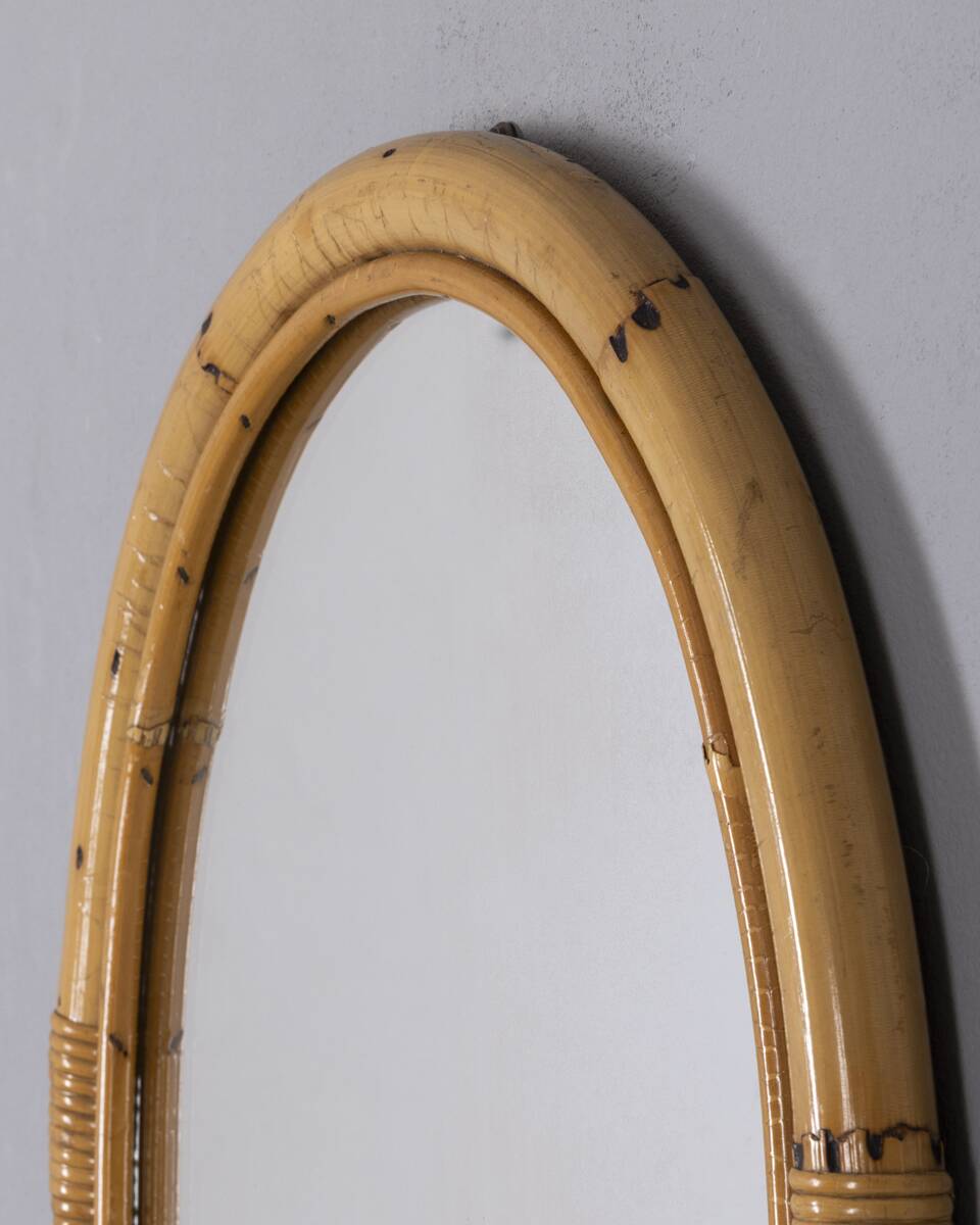 Vintage 1960s Italian design oval bamboo wall mirror