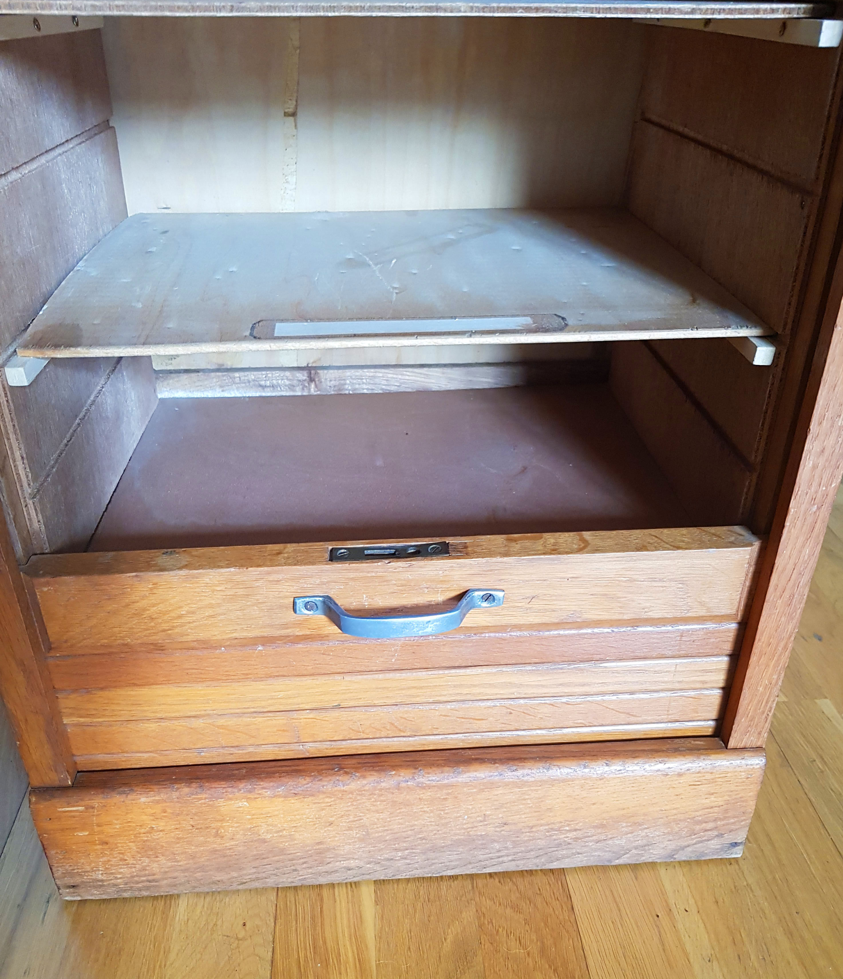 Rolling curtain filing cabinet in vintage oak