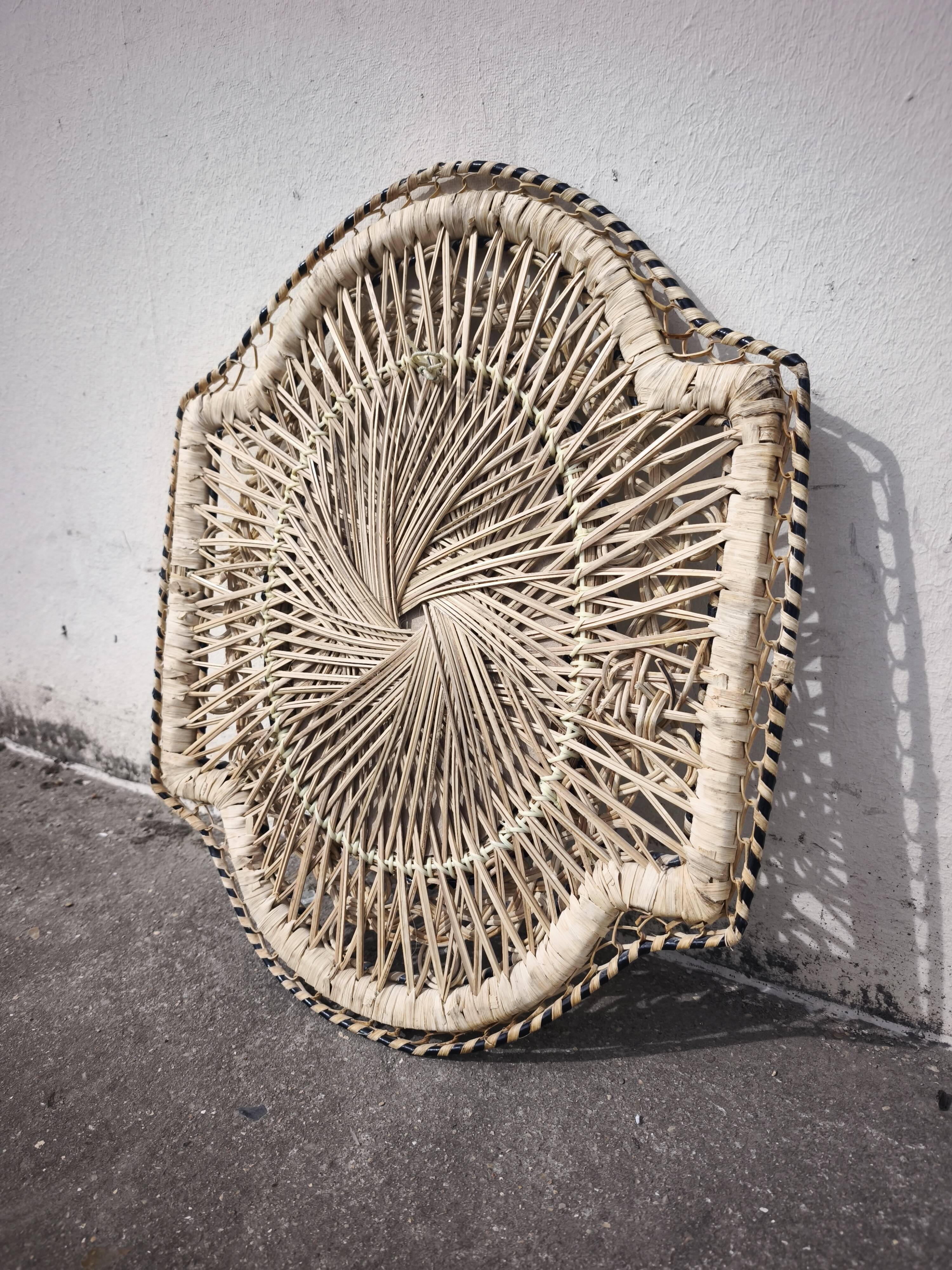 Wall mirror peacock filigree in rattan and wicker