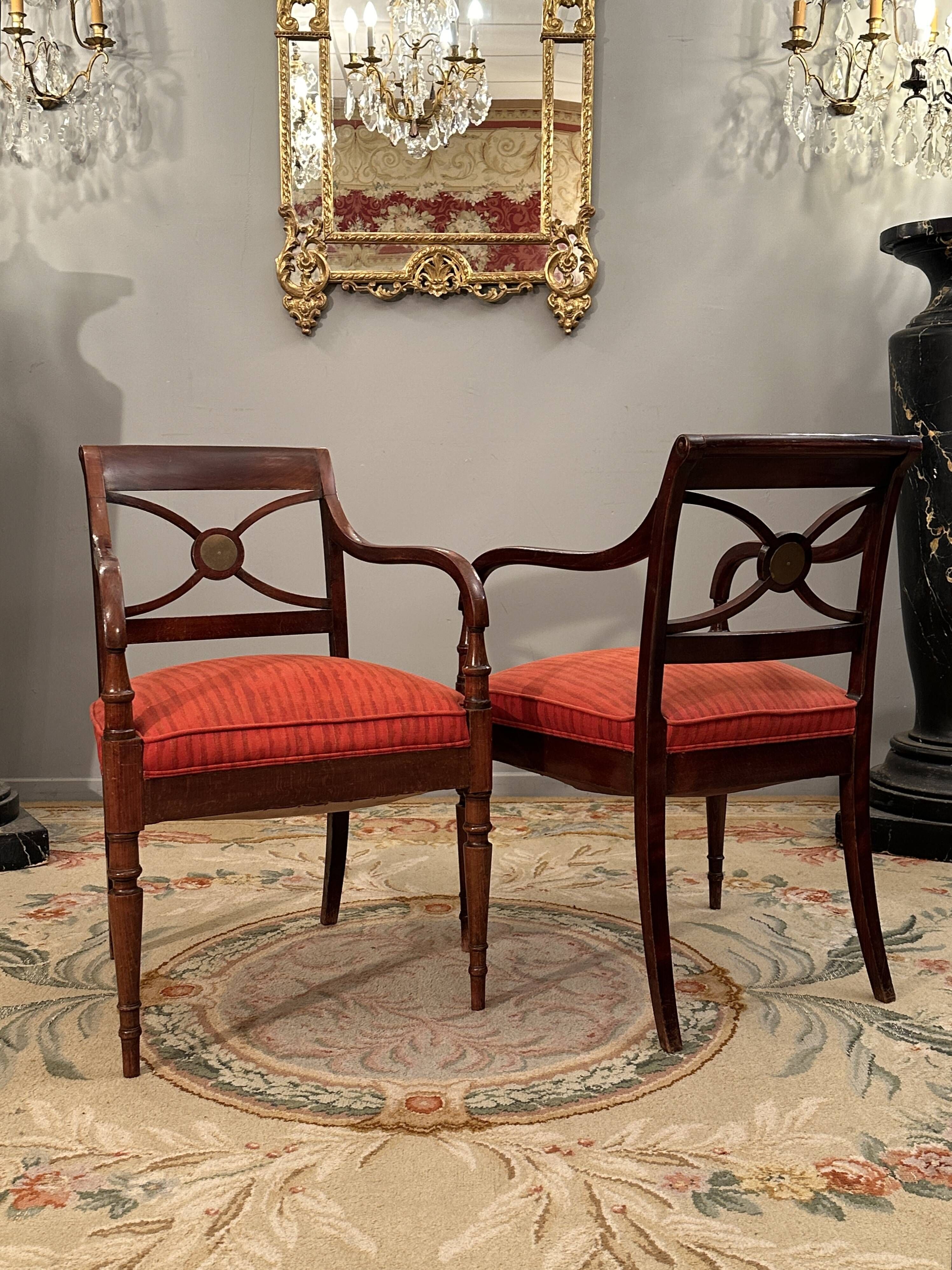 Maurice Hirch, Pair Of Stamped Mahogany Armchairs, 20th Century