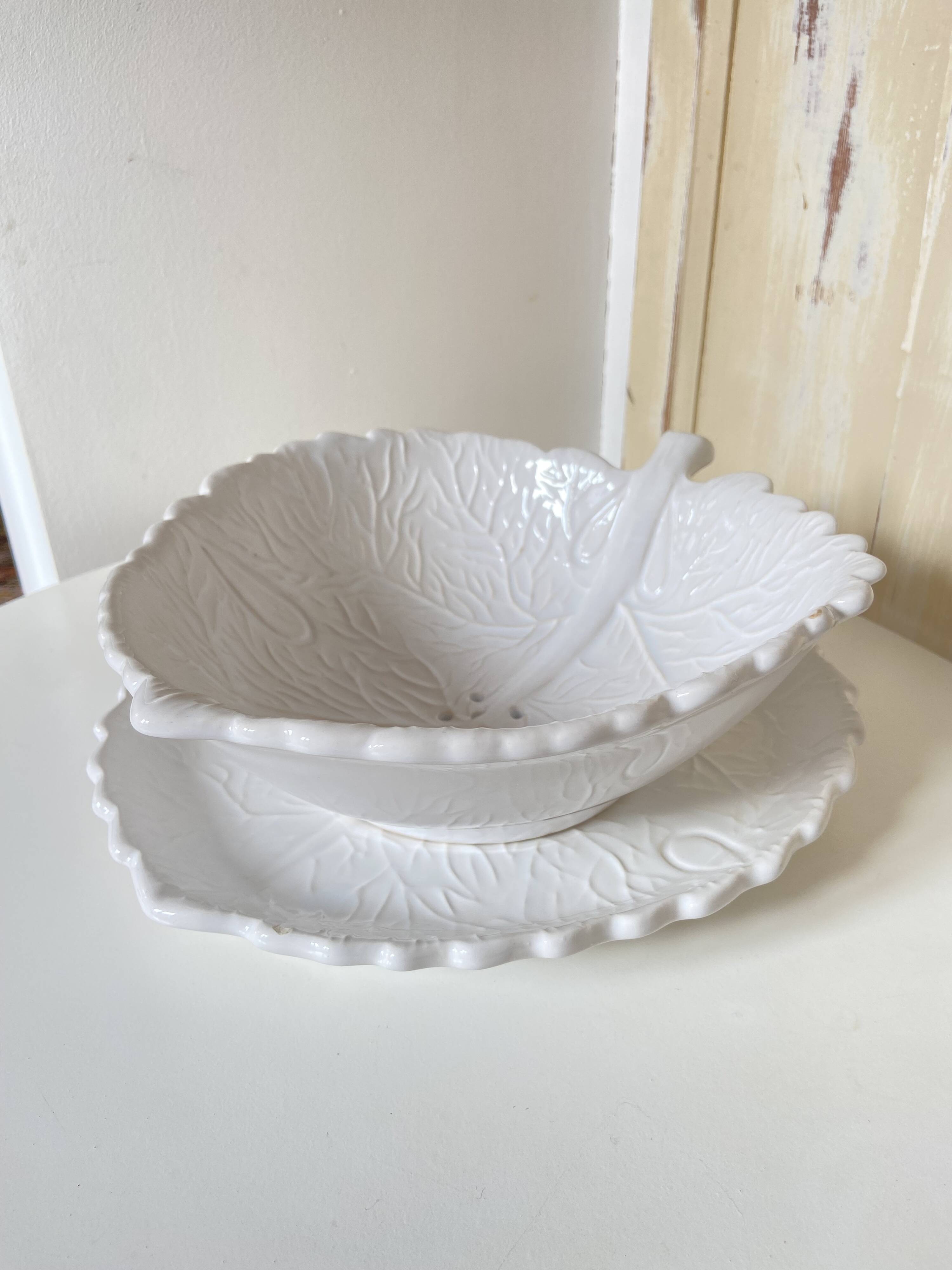 Barbotine Fruit Drainer And Its Plate In The Shape Of A White Cabbage Leaf