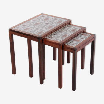 Danish set of side tables with cream/brown tiles, 1960s