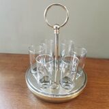 6 shot glasses on vintage metal support