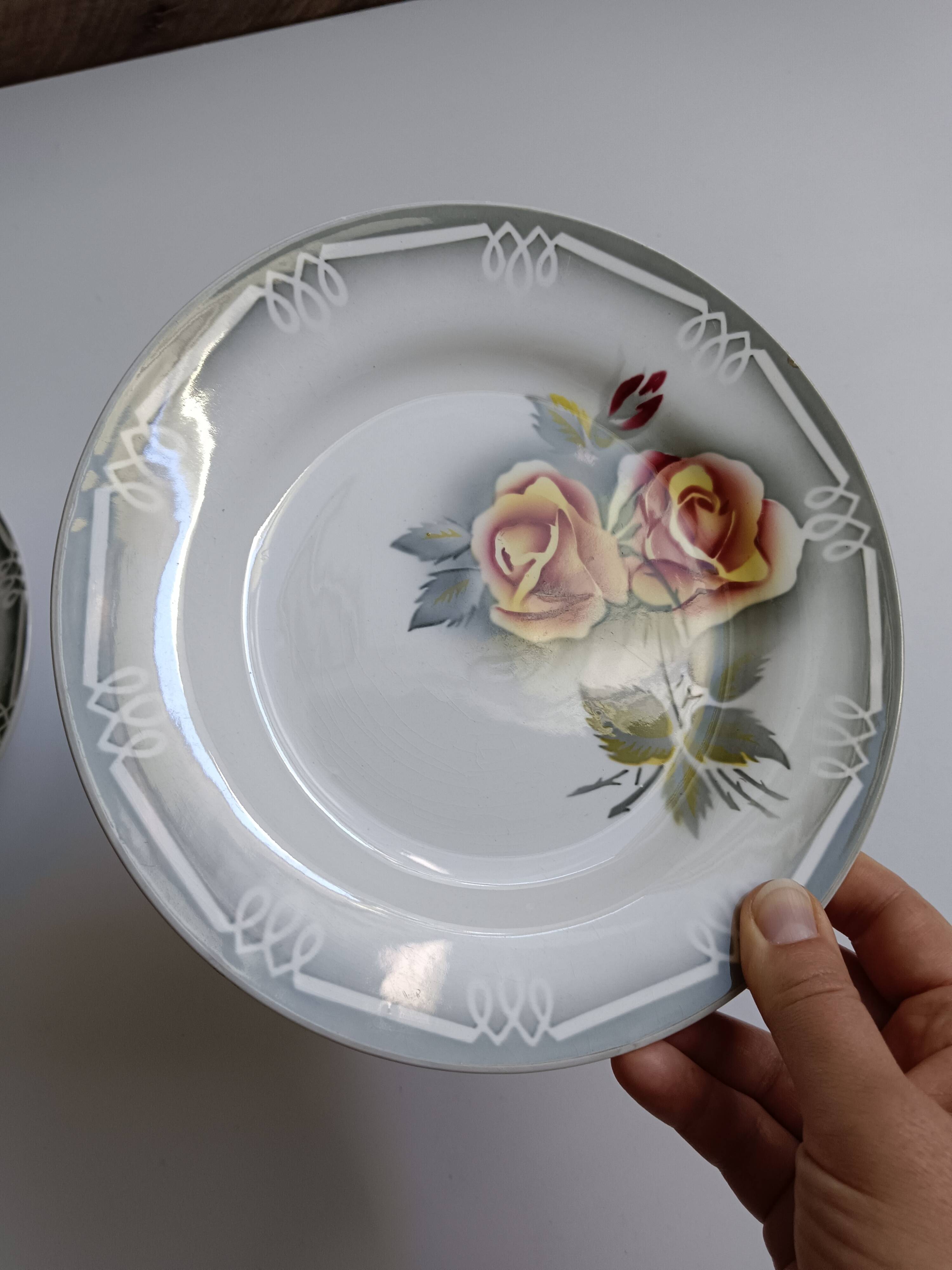 3 assiettes Digoin Sarreguemines Adèle gris jaune et bordeaux