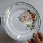 3 Digoin Sarreguemines Adèle plates in grey, yellow, and burgundy.