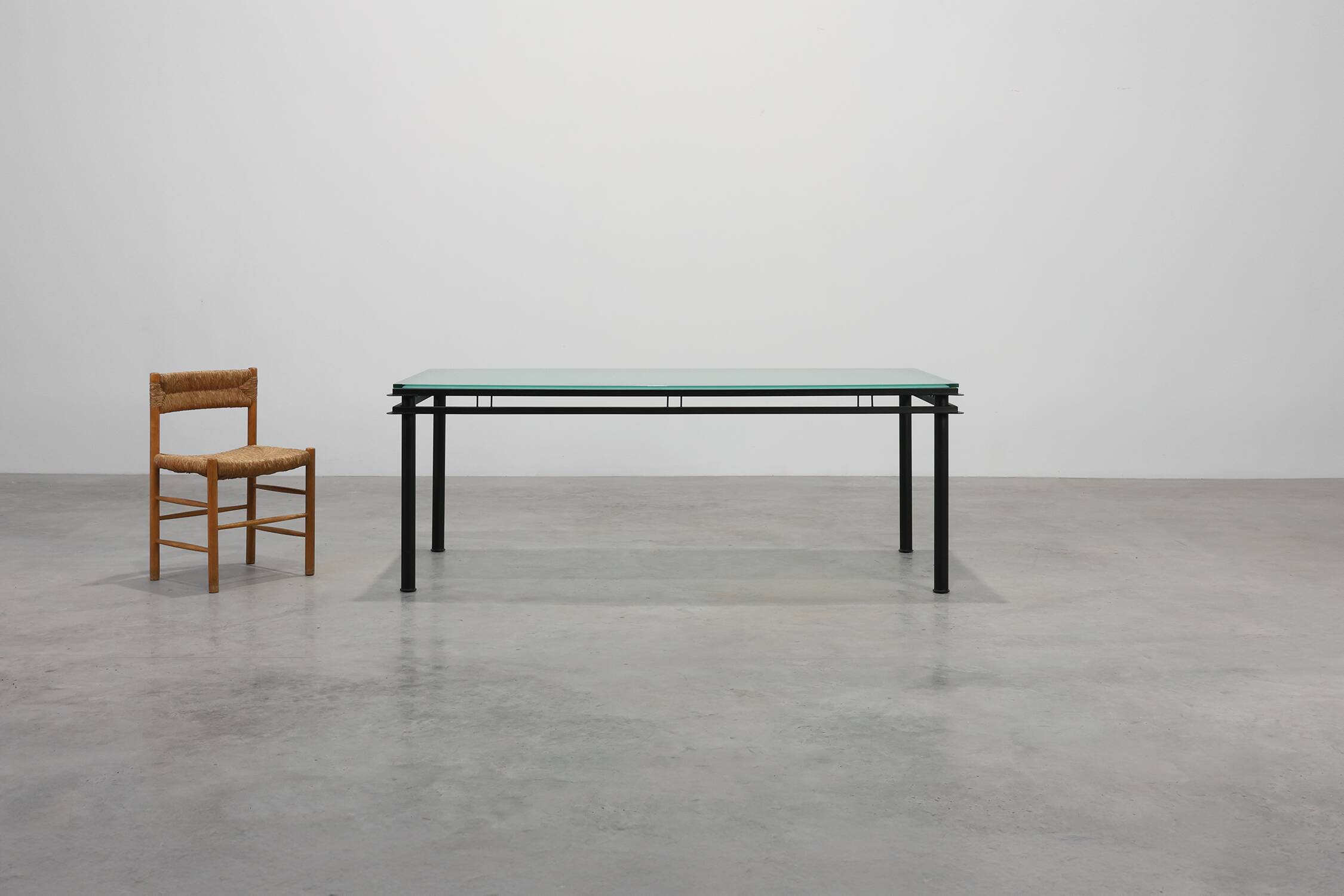 Modernist Dining Table with Black Metal Base and Glass Top, Belgium 1980s