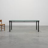 Modernist Dining Table with Black Metal Base and Glass Top, Belgium 1980s