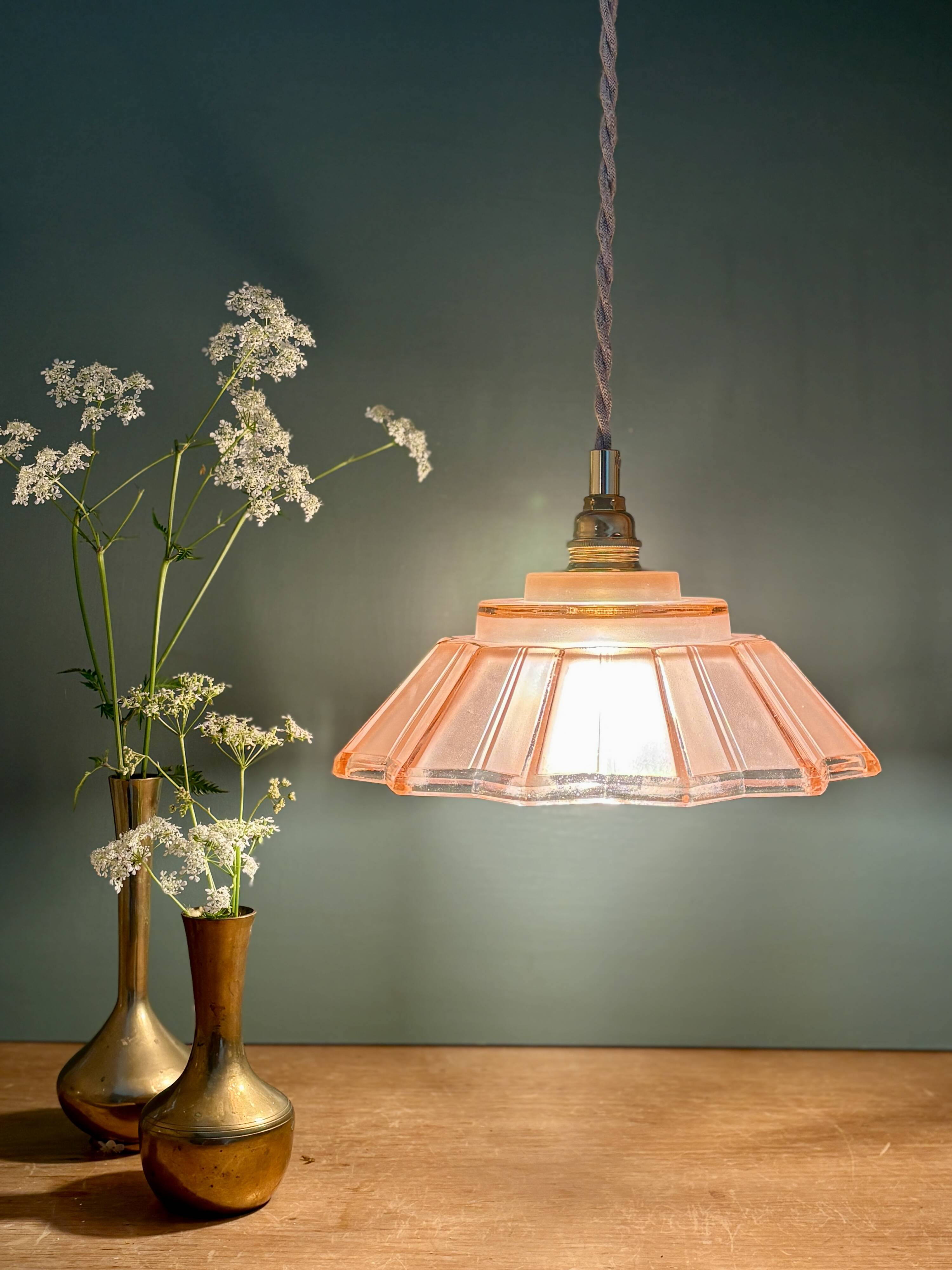 suspension vintage art deco lampshade in frosted pink glass