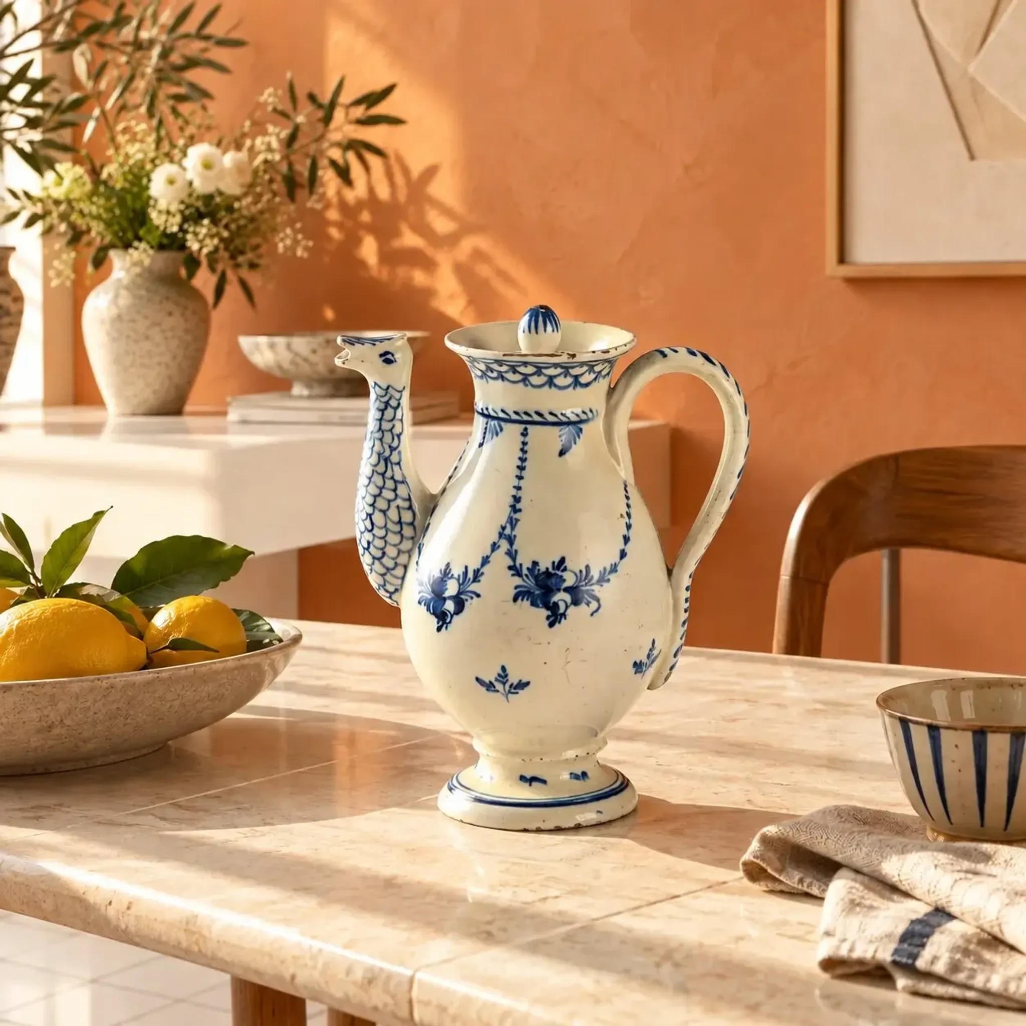 Cafetière ancienne en faïence blanche décorée, Europe XIX Century