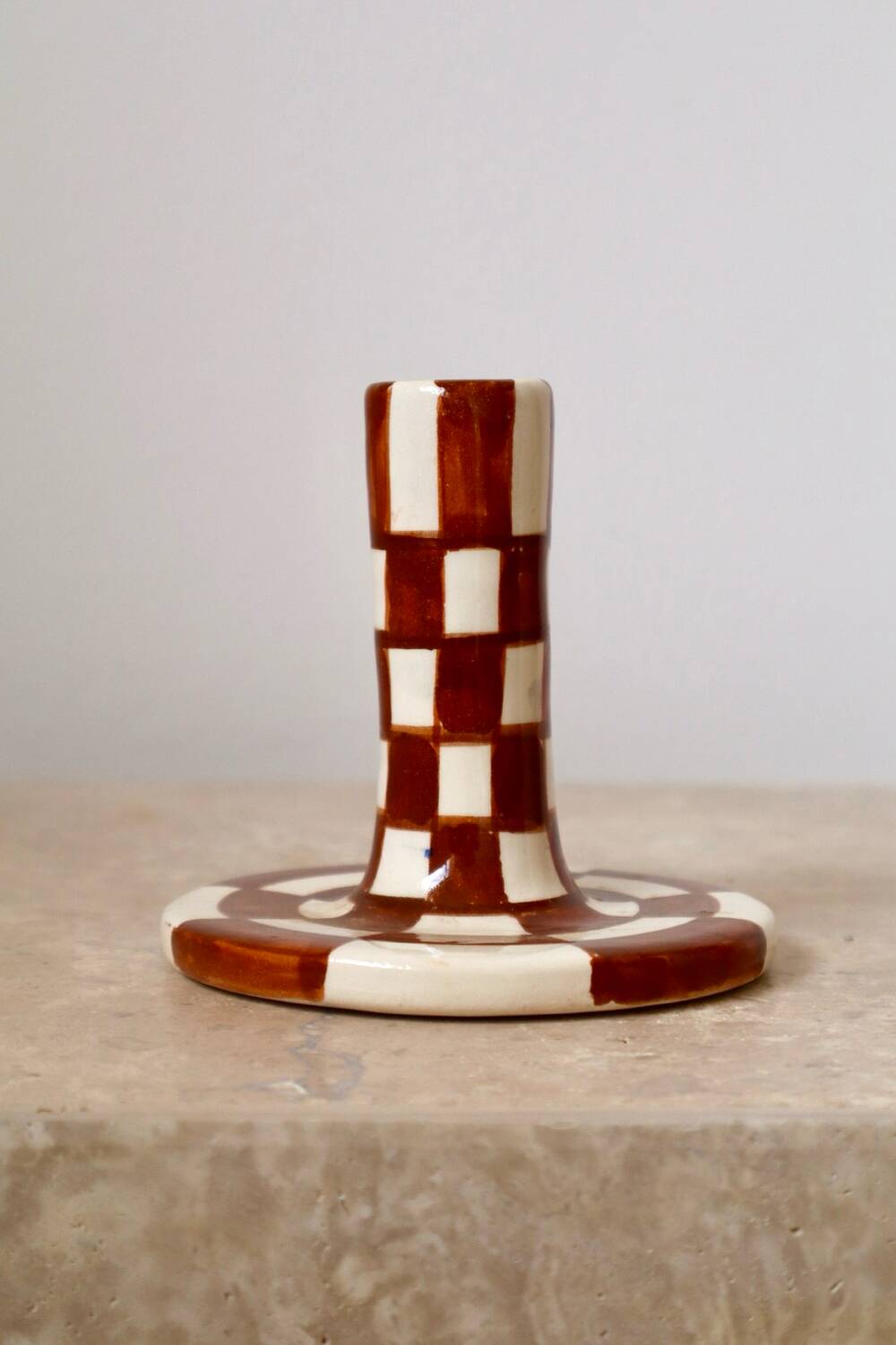 Handmade Brown Checkered Candlestick Holder