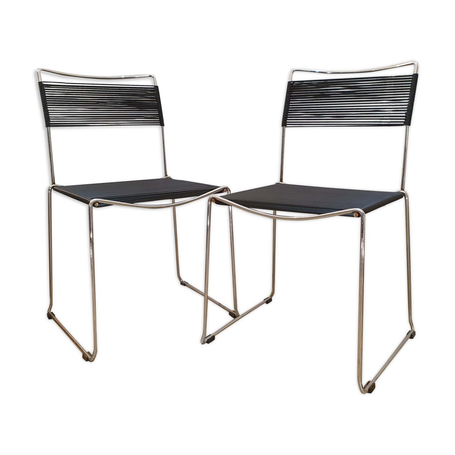 Pair of spaghetti chairs stainless steel and black scoubidou Giondomenico Belotti