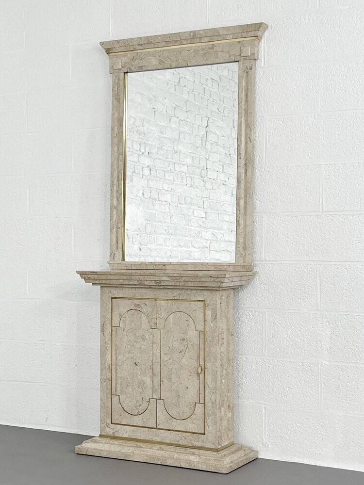 Ensemble console et miroir des années 80 en marqueterie de pierre et laiton