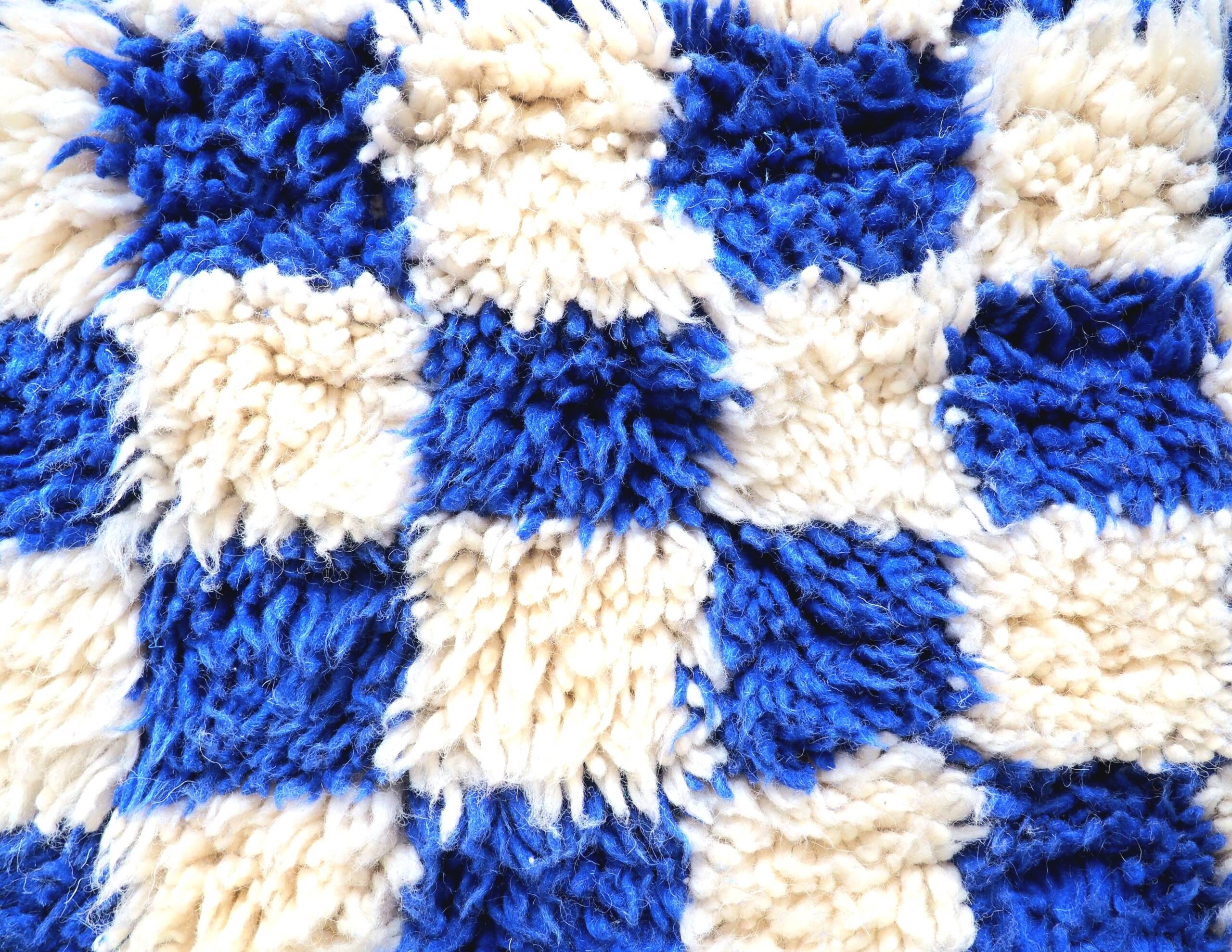 Majorelle Blue Moroccan Checkerboard Rug. Handmade, 100% pure wool. 255x165cm