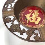 Vietnamese ashtray in openwork brass of plants (prunus, bamboo, orchid and pine) and enamelled metal