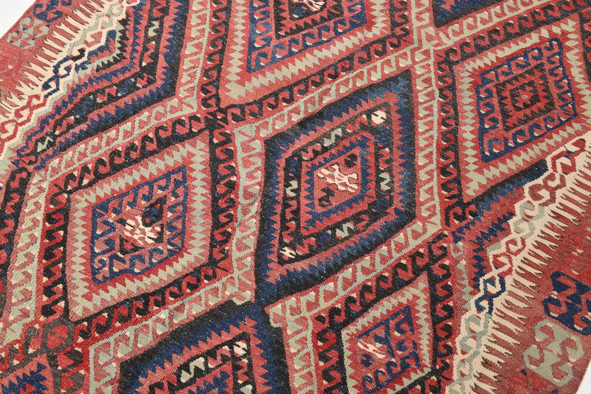 Kilim Ancien Fait Main en Laine Rouge et Bleu,Tapis Plat Vintage,165x231 Cm
