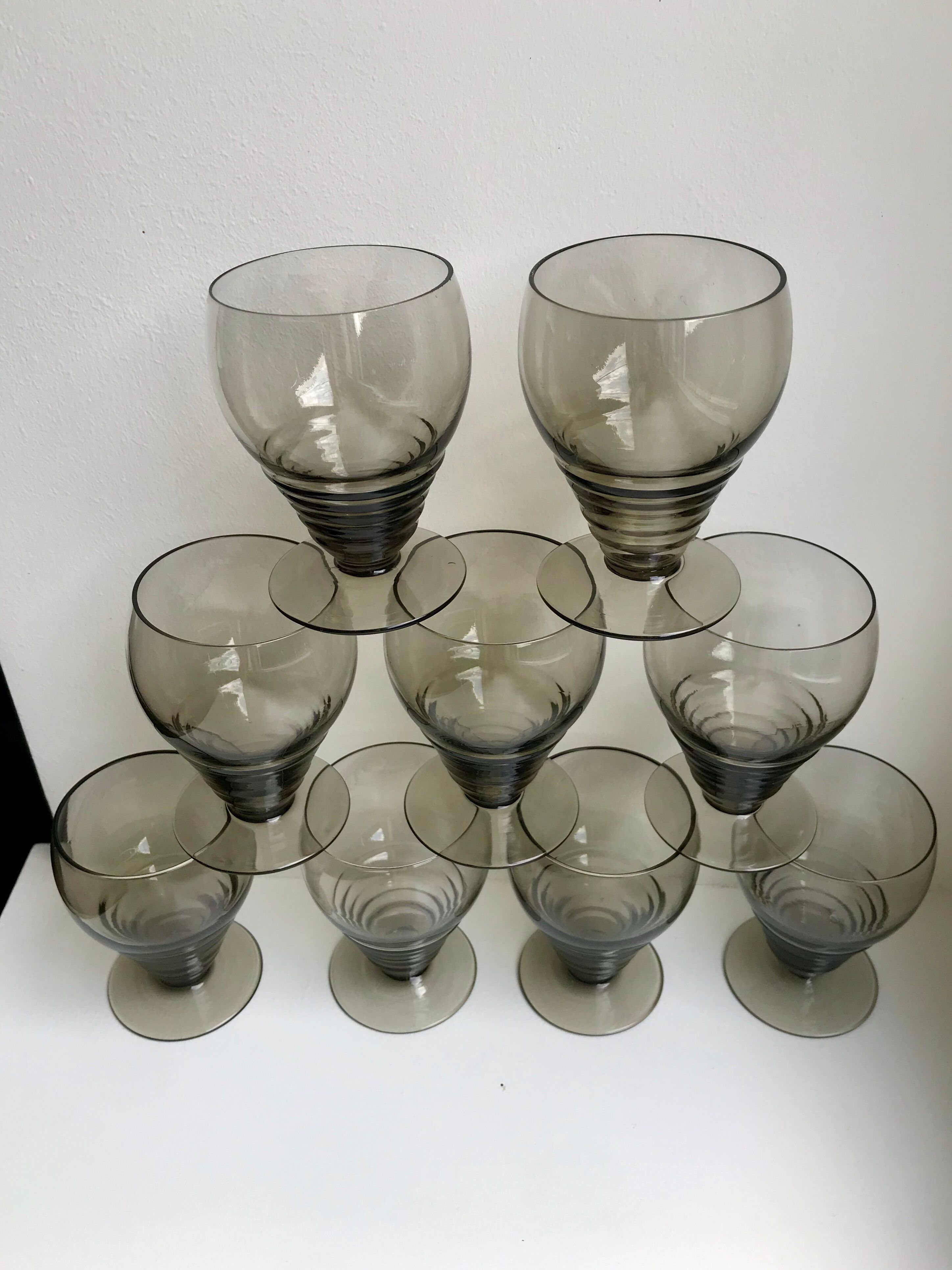 Set of 9 art deco liqueur glasses in smoked glass 30-40s