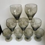 Set of 9 art deco liqueur glasses in smoked glass 30-40s