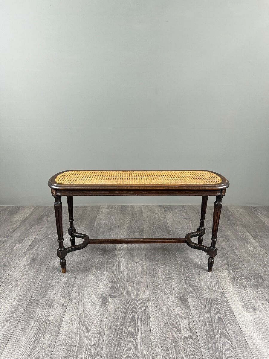 Antique wooden bench, caned seat, Louis XVI style, 20th century.