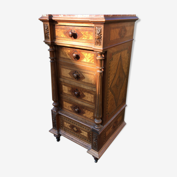 Old inlaid bedside table in walnut with marble top.
