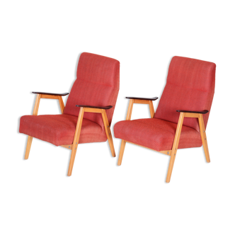 Pair of red Jaroslav Smidek armchairs made in 1950s Czechia