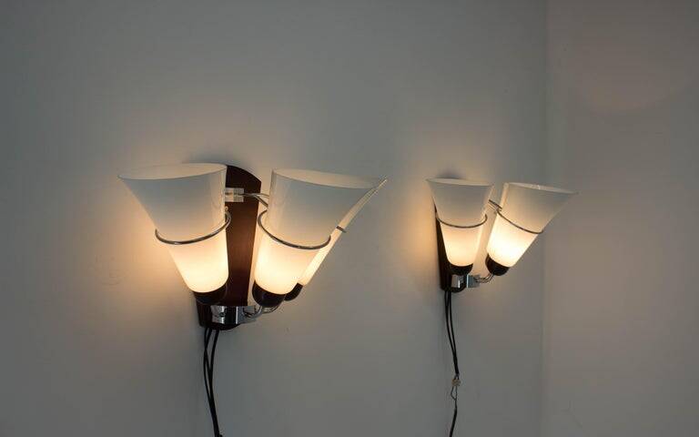 Pair of Minimalist Czechoslovakian Crystal Wall Lamps, 1970s