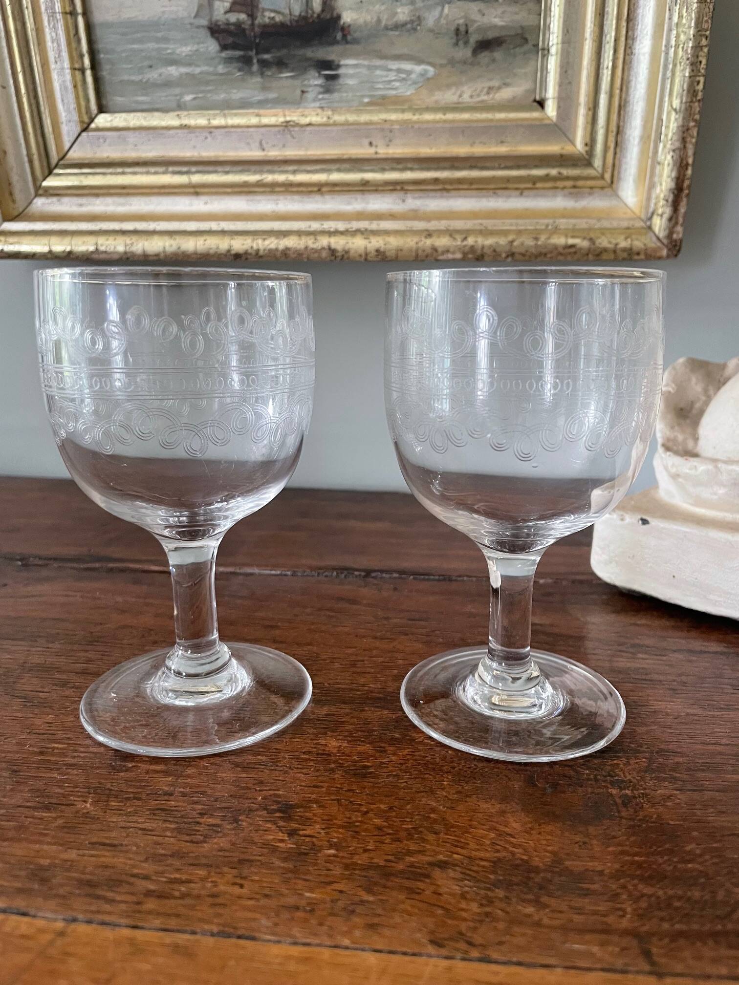 set of 2 antique needle-engraved glasses