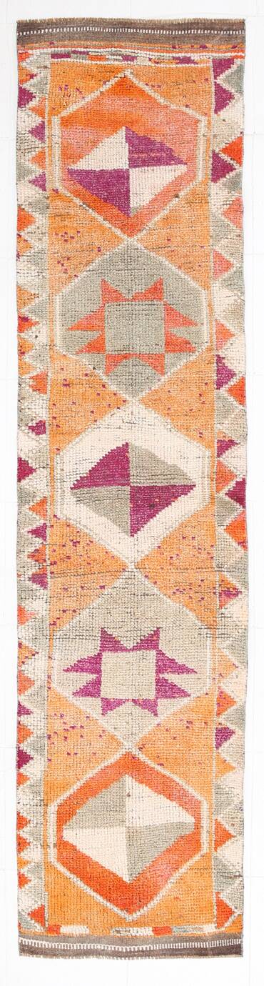 Tapis runner vintage berbère, motifs géométriques orange violet, 74x307Cm