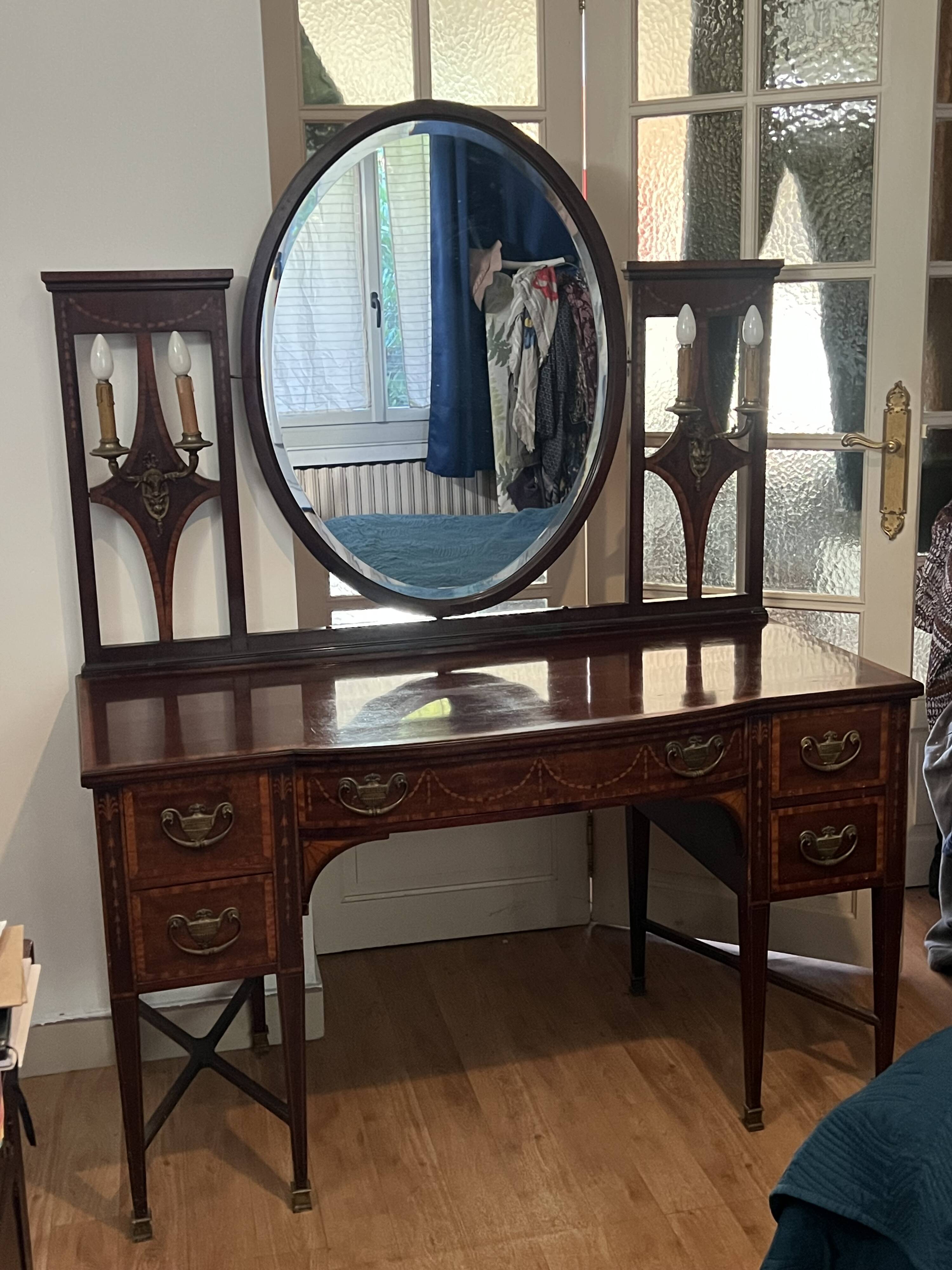 Louis XVI style dressing table – marquetry, oval mirror.
