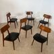 Set of 6 teak and black imitation leather chairs, Scandinavian design from the 70s vintage