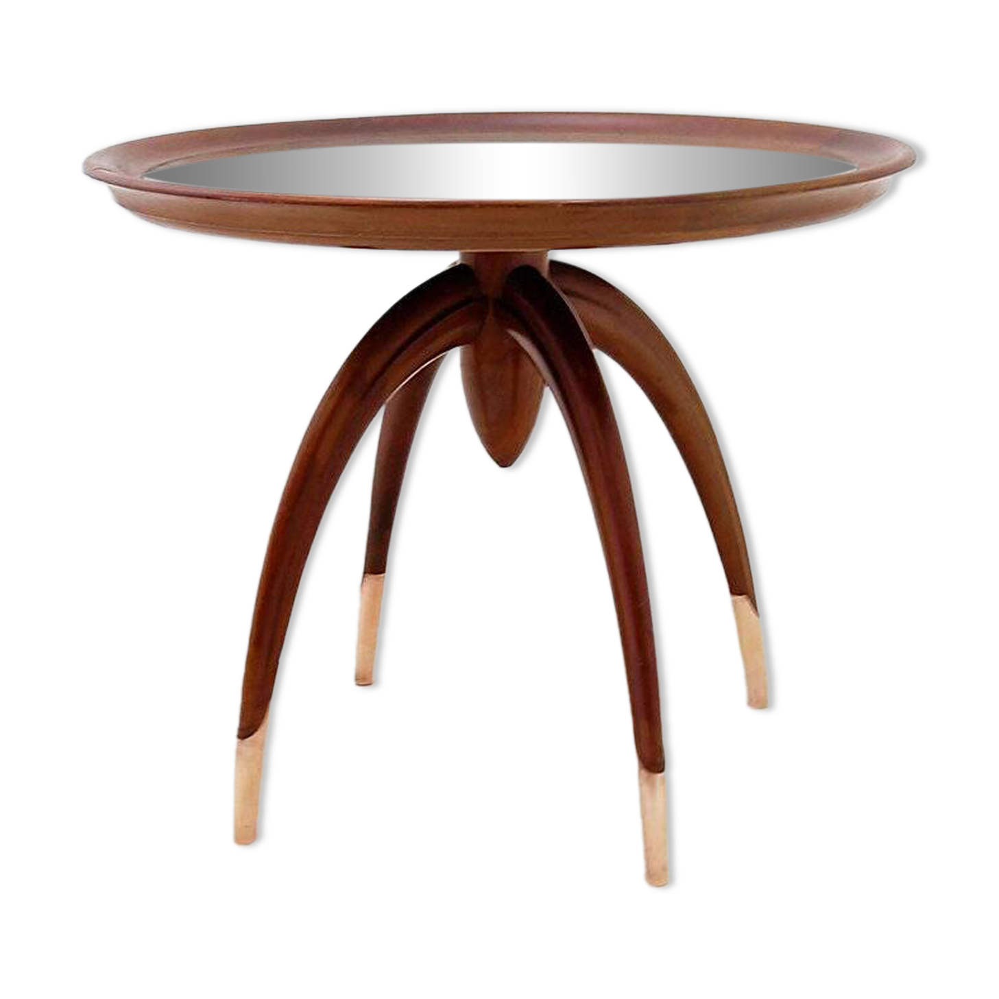 Round Art Deco side table in wood with curved legs and brass feet.