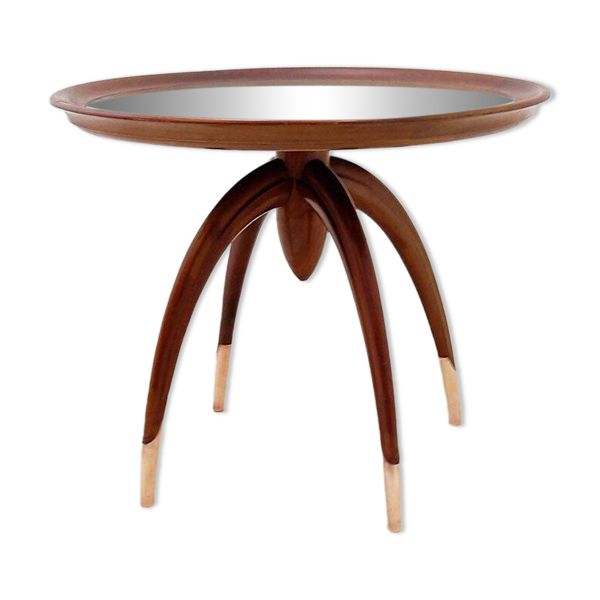 Table d'appoint ronde Art déco en bois avec pieds courbés et pieds en laiton