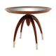 Round Art Deco side table in wood with curved legs and brass feet.