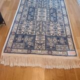 Handcrafted oriental blue and white rug Tunisia vintage fringes