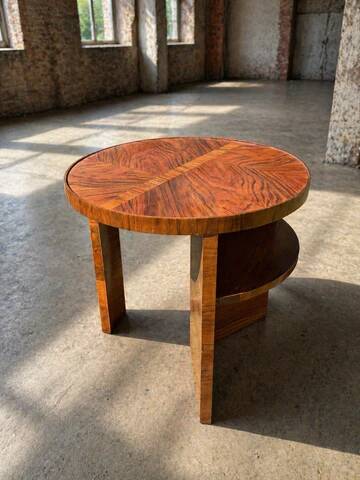 Art Deco round side table with shelf – vintage wood occasional table / bedside table